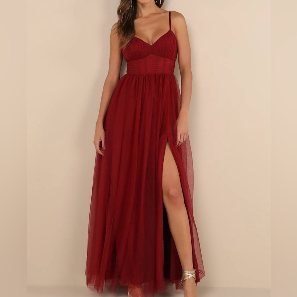 Lulus Convincingly Graceful Wine Red Tulle Sleeveless Maxi Dress